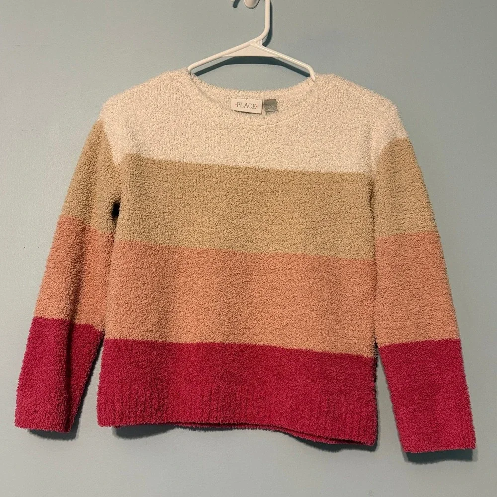 The Childrens Place Girls 10/12 Popcorn Knit Striped Sweater Pink Tan Cream 2005